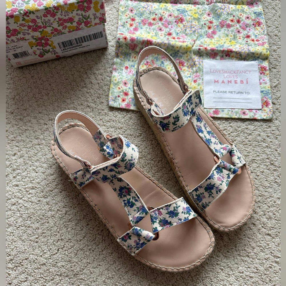 LoveShackFancy Floral Strap Sandals in White, Blue, Pink